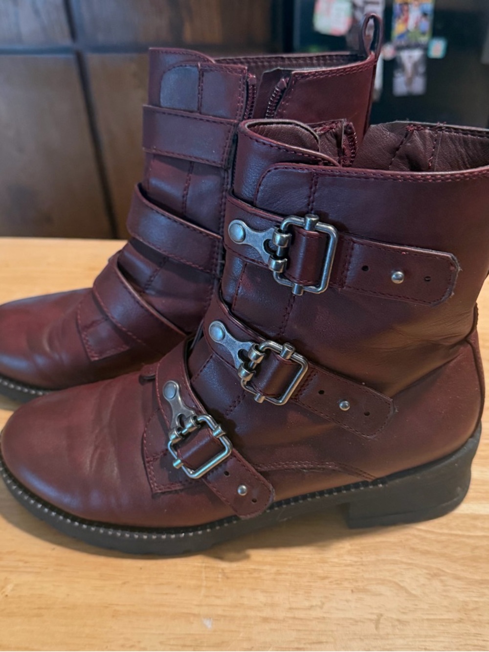 Kohl's Burgundy Leather Buckle Moto Combat Boots